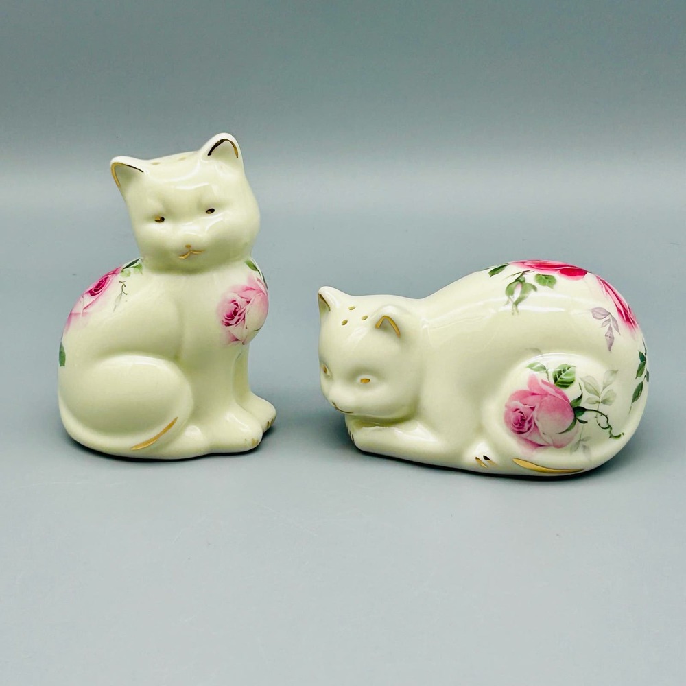 Vintage Ceramic Decorative Pink Rose Cats Salt and Pepper Set